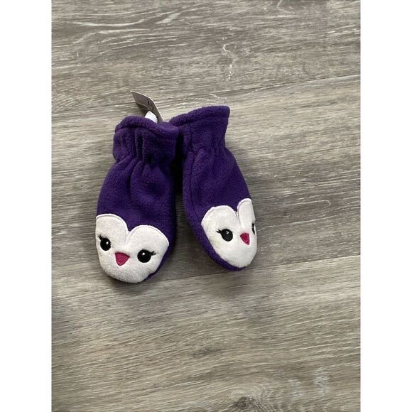 The Childrens Place Girls Purple Print Winter Gloves Mittens SZ 12/24 Penguins - Picture 1 of 2